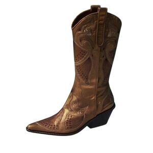 Donald Pliner Western Gold Metallic Leather Intricate Stitch Boot New $750 NWT